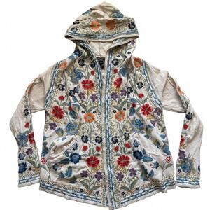 Johnny Was Biya Embroidered Cardigan Short Sweater Hooded Boho Women's Small